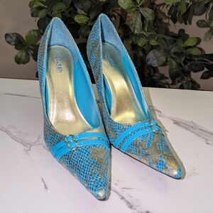 Splash Turquoise Snake-Print Pointed Stiletto Heels with Gold Accents